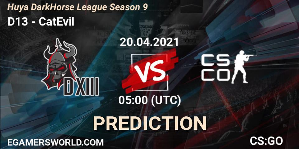 D13 vs CatEvil: Match Prediction. 20.04.2021 at 05:00, Counter-Strike (CS2), Huya DarkHorse League Season 9