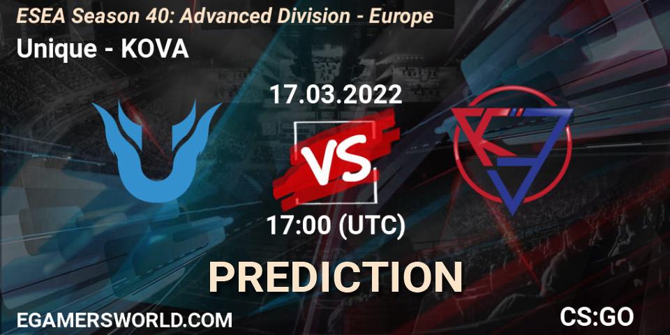 Unique vs KOVA: Match Prediction. 17.03.22, CS2 (CS:GO), ESEA Season 40: Advanced Division - Europe