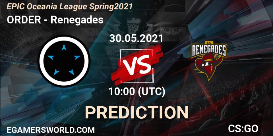 ORDER vs Renegades: Match Prediction. 30.05.2021 at 10:00, Counter-Strike (CS2), EPIC Oceania League Spring 2021