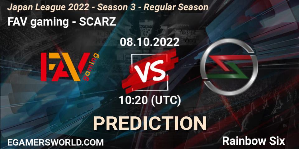 FAV gaming vs SCARZ: Match Prediction. 08.10.2022 at 10:20, Rainbow Six, Japan League 2022 - Season 3 - Regular Season