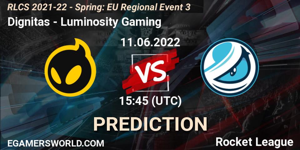 Dignitas vs Luminosity Gaming: Match Prediction. 11.06.2022 at 15:45, Rocket League, RLCS 2021-22 - Spring: EU Regional Event 3