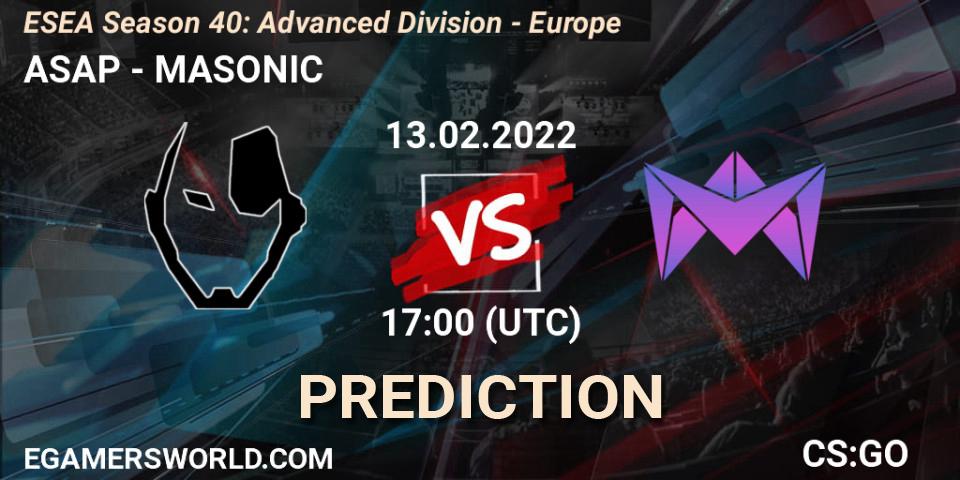 ASAP vs MASONIC: Match Prediction. 13.02.2022 at 17:00, Counter-Strike (CS2), ESEA Season 40: Advanced Division - Europe