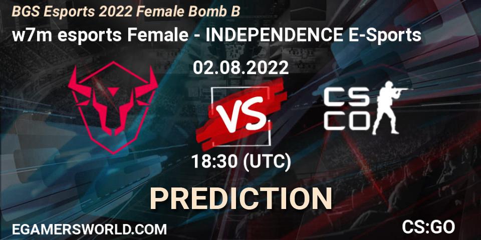 w7m esports Female vs INDEPENDENCE E-Sports: Match Prediction. 02.08.2022 at 18:30, Counter-Strike (CS2), Monster Energy BGS Bomb B Women Cup 2022