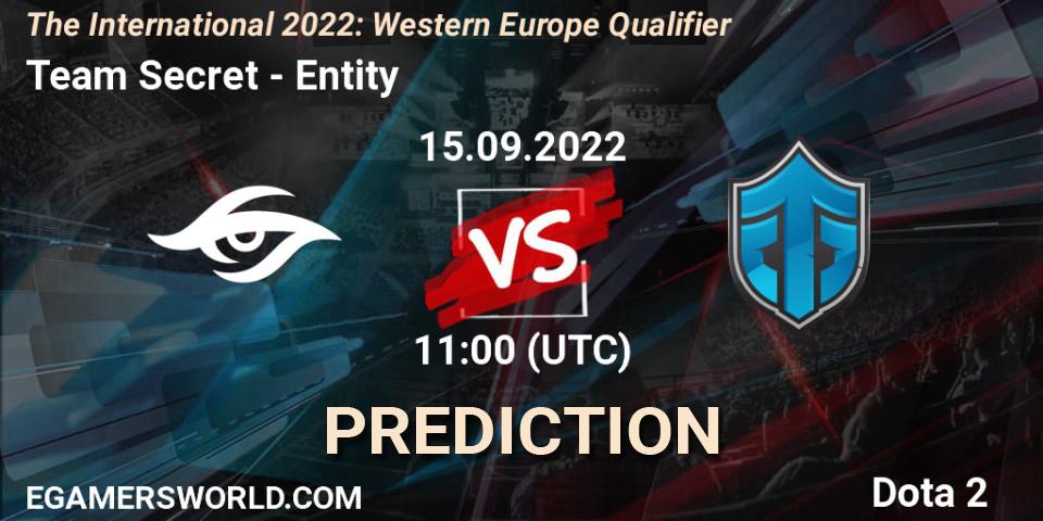 Team Secret vs Entity: Match Prediction. 15.09.2022 at 10:33, Dota 2, The International 2022: Western Europe Qualifier