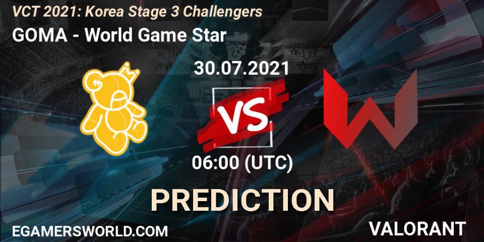 GOMA vs World Game Star: Match Prediction. 30.07.2021 at 06:00, VALORANT, VCT 2021: Korea Stage 3 Challengers