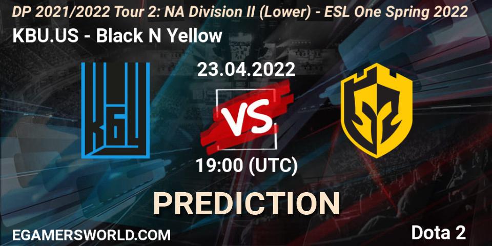 KBU.US vs Black N Yellow: Match Prediction. 23.04.2022 at 18:55, Dota 2, DP 2021/2022 Tour 2: NA Division II (Lower) - ESL One Spring 2022