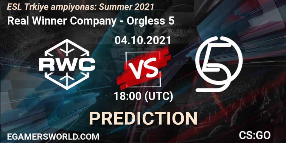 Real Winner Company vs Orgless 5: Match Prediction. 04.10.2021 at 18:00, Counter-Strike (CS2), ESL Türkiye Şampiyonası: Summer 2021