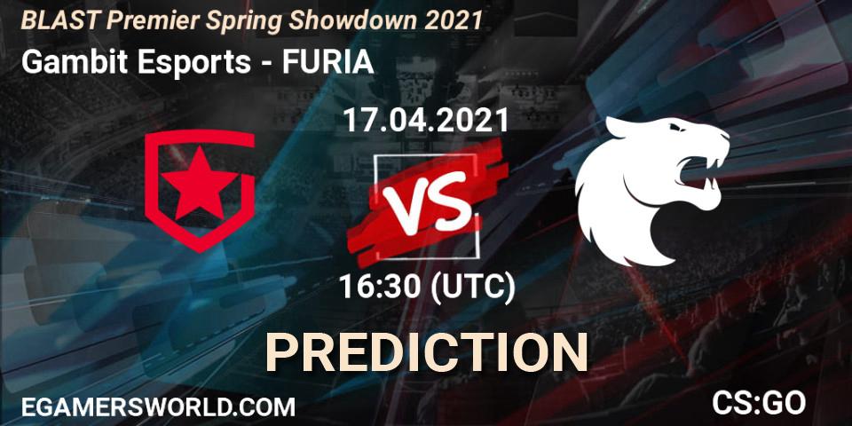 Gambit Esports vs FURIA: Match Prediction. 17.04.2021 at 16:10, Counter-Strike (CS2), BLAST Premier Spring Showdown 2021