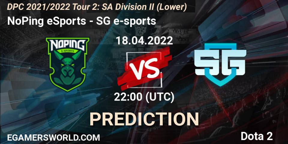 NoPing eSports vs SG e-sports: Match Prediction. 18.04.2022 at 22:00, Dota 2, DPC 2021/2022 Tour 2: SA Division II (Lower)
