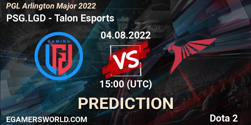 PSG.LGD vs Talon Esports: Match Prediction. 04.08.2022 at 15:05, Dota 2, PGL Arlington Major 2022 - Group Stage