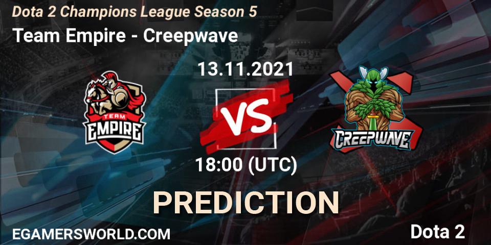 Team Empire vs Creepwave: Match Prediction. 13.11.2021 at 19:16, Dota 2, Dota 2 Champions League 2021 Season 5
