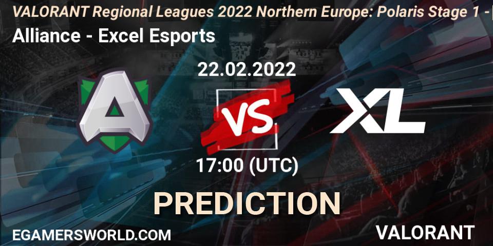 Alliance vs Excel Esports: Match Prediction. 22.02.2022 at 17:00, VALORANT, VALORANT Regional Leagues 2022 Northern Europe: Polaris Stage 1 - Regular Season