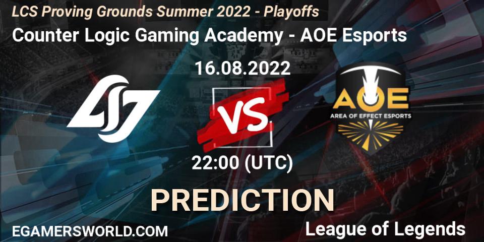 Counter Logic Gaming Academy vs AOE Esports: Match Prediction. 16.08.2022 at 22:00, LoL, LCS Proving Grounds Summer 2022 - Playoffs