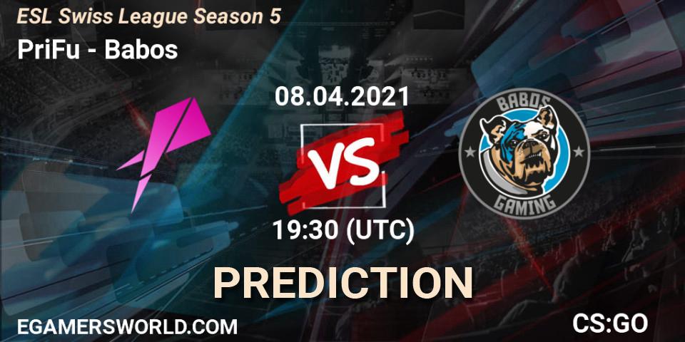 PriFu vs Babos: Match Prediction. 08.04.2021 at 19:30, Counter-Strike (CS2), ESL Swiss League Season 5