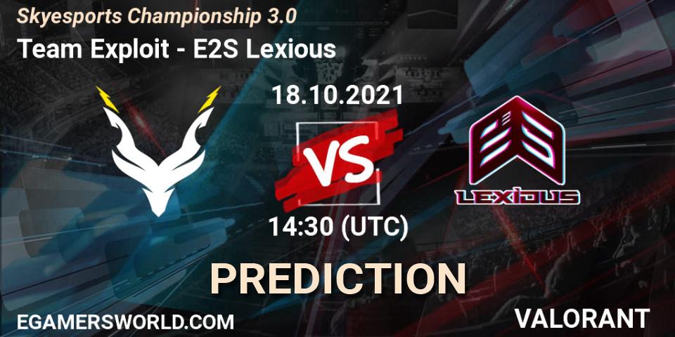 Team Exploit vs E2S Lexious: Match Prediction. 18.10.2021 at 14:30, VALORANT, Skyesports Championship 3.0