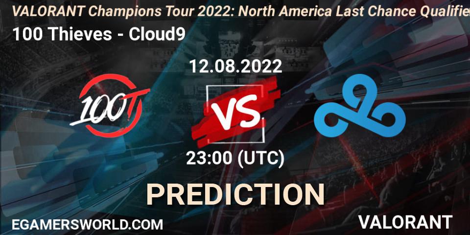 100 Thieves vs Cloud9: Match Prediction. 12.08.2022 at 22:30, VALORANT, VCT 2022: North America Last Chance Qualifier