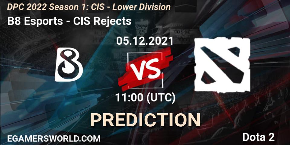 B8 Esports vs CIS Rejects: Match Prediction. 05.12.2021 at 11:01, Dota 2, DPC 2022 Season 1: CIS - Lower Division
