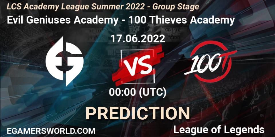 Evil Geniuses Academy vs 100 Thieves Academy: Match Prediction. 17.06.2022 at 00:00, LoL, LCS Academy League Summer 2022 - Group Stage