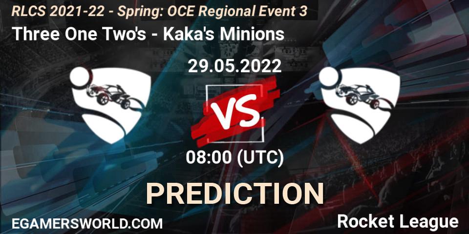 Three One Two's vs Kaka's Minions: Match Prediction. 29.05.2022 at 08:00, Rocket League, RLCS 2021-22 - Spring: OCE Regional Event 3