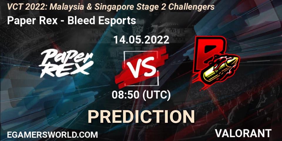 Paper Rex vs Bleed Esports: Match Prediction. 14.05.2022 at 08:50, VALORANT, VCT 2022: Malaysia & Singapore Stage 2 Challengers