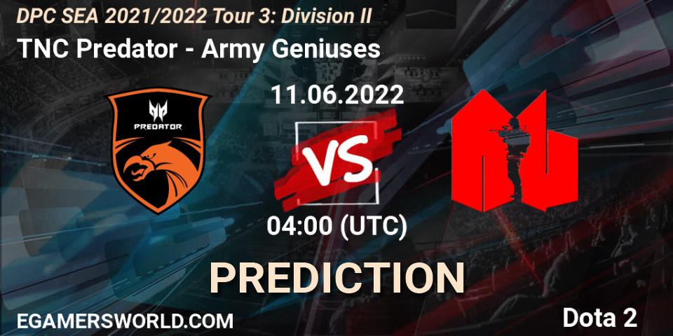 TNC Predator vs Army Geniuses: Match Prediction. 11.06.2022 at 04:03, Dota 2, DPC SEA 2021/2022 Tour 3: Division II