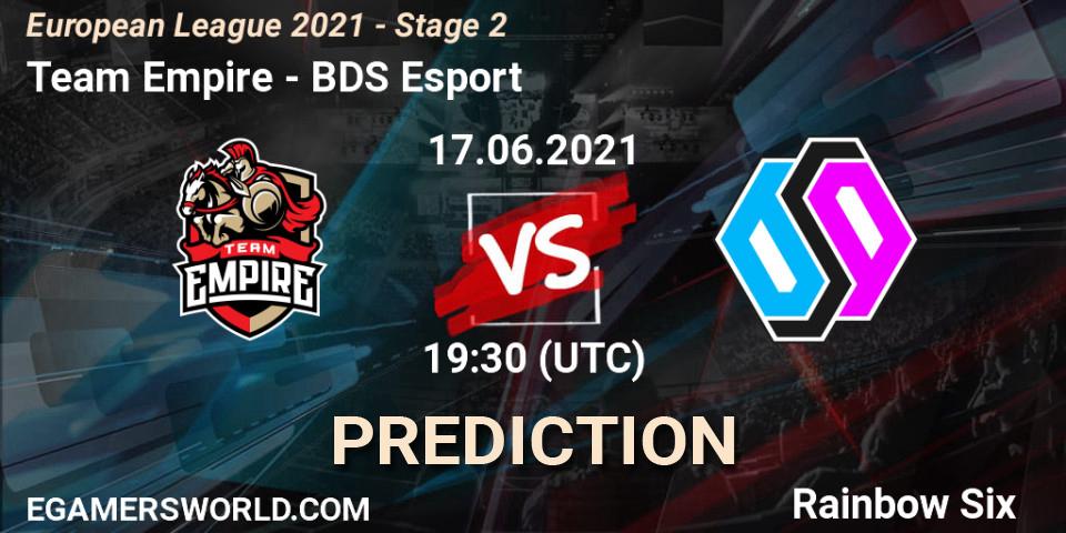 Team Empire vs BDS Esport: Match Prediction. 17.06.2021 at 18:30, Rainbow Six, European League 2021 - Stage 2