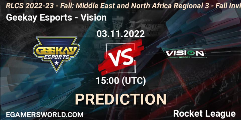 Geekay Esports vs Vision: Match Prediction. 03.11.2022 at 15:00, Rocket League, RLCS 2022-23 - Fall: Middle East and North Africa Regional 3 - Fall Invitational
