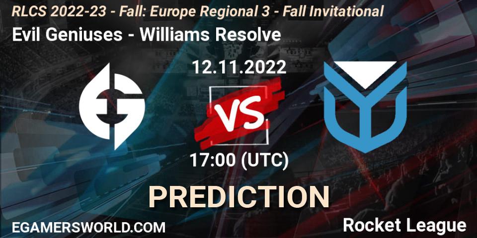 Evil Geniuses vs Williams Resolve: Match Prediction. 12.11.2022 at 17:00, Rocket League, RLCS 2022-23 - Fall: Europe Regional 3 - Fall Invitational