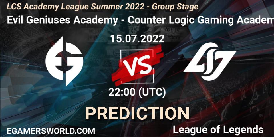 Evil Geniuses Academy vs Counter Logic Gaming Academy: Match Prediction. 15.07.22, LoL, LCS Academy League Summer 2022 - Group Stage