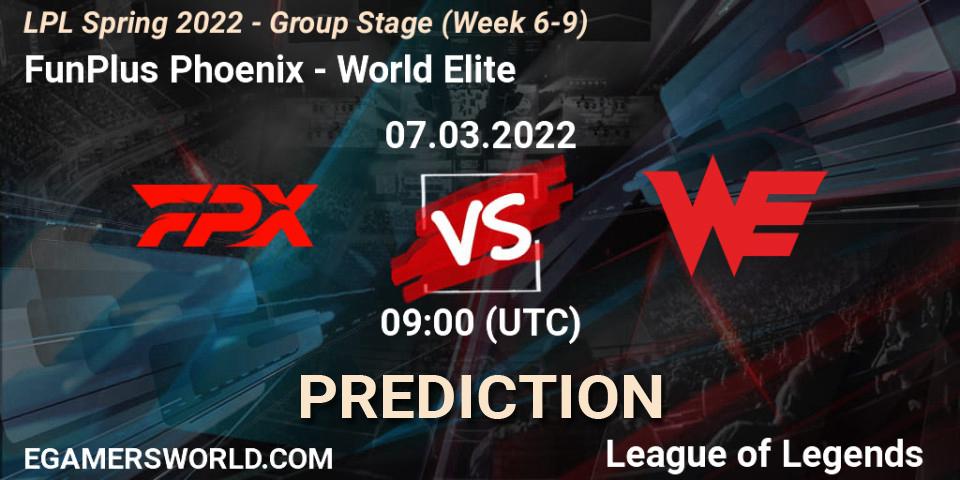 FunPlus Phoenix vs World Elite: Match Prediction. 07.03.2022 at 09:00, LoL, LPL Spring 2022 - Group Stage (Week 6-9)