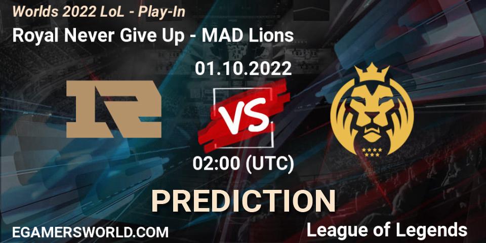 Royal Never Give Up vs MAD Lions: Match Prediction. 01.10.22, LoL, Worlds 2022 LoL - Play-In