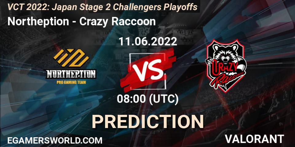 Northeption vs Crazy Raccoon: Match Prediction. 11.06.2022 at 08:35, VALORANT, VCT 2022: Japan Stage 2 Challengers Playoffs