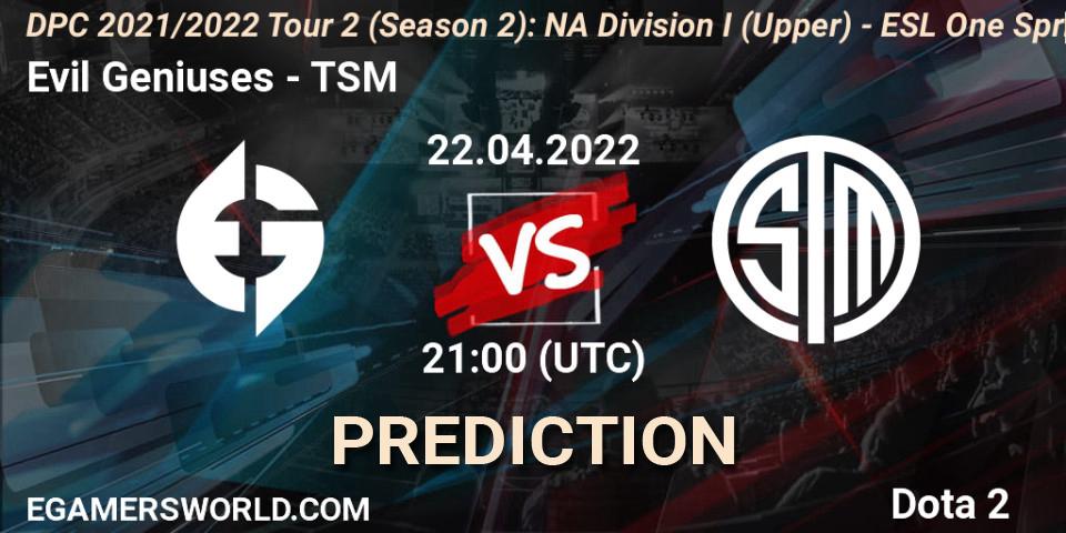 Evil Geniuses vs TSM: Match Prediction. 22.04.2022 at 20:55, Dota 2, DPC 2021/2022 Tour 2 (Season 2): NA Division I (Upper) - ESL One Spring 2022