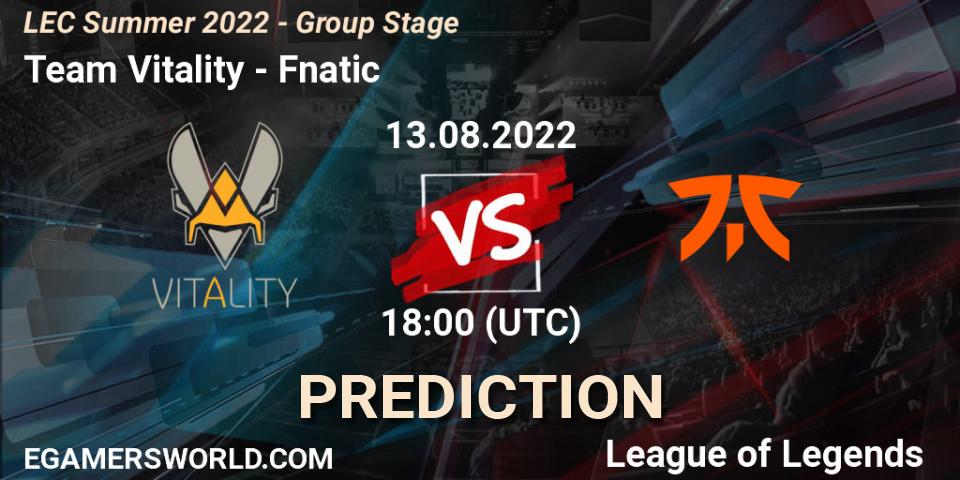 Team Vitality vs Fnatic: Match Prediction. 13.08.2022 at 18:15, LoL, LEC Summer 2022 - Group Stage