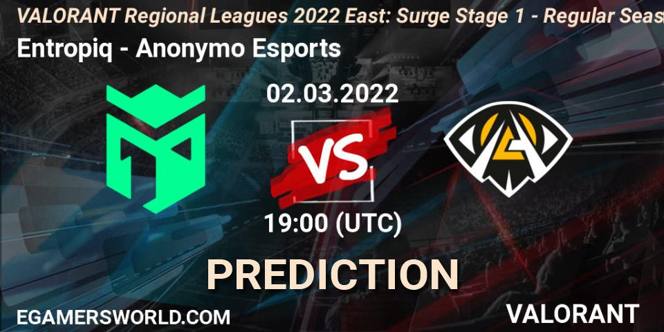 Entropiq vs Anonymo Esports: Match Prediction. 02.03.2022 at 19:00, VALORANT, VALORANT Regional Leagues 2022 East: Surge Stage 1 - Regular Season