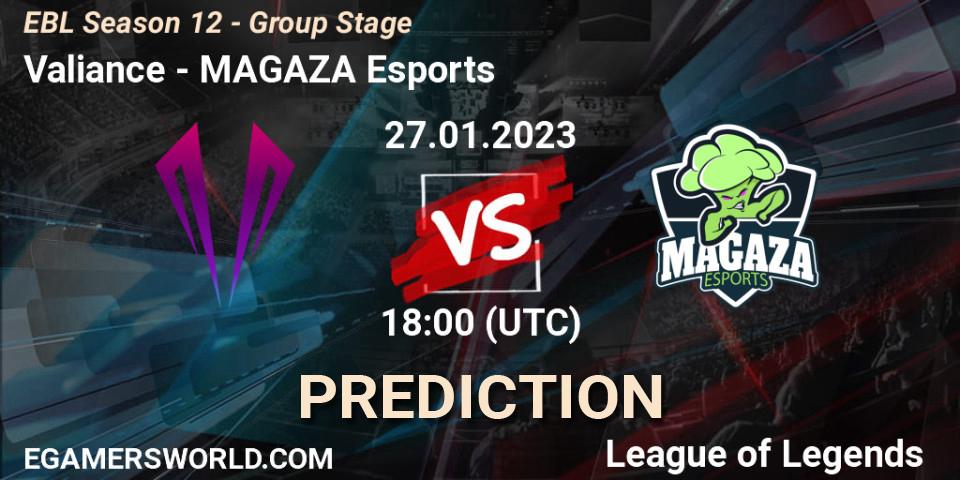 Valiance vs MAGAZA Esports: Match Prediction. 27.01.23, LoL, EBL Season 12 - Group Stage