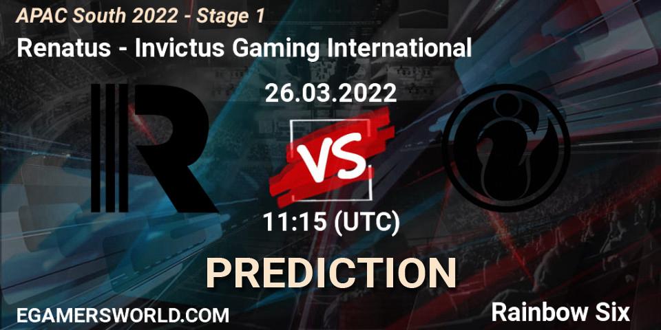 Renatus vs Invictus Gaming International: Match Prediction. 26.03.2022 at 11:15, Rainbow Six, APAC South 2022 - Stage 1