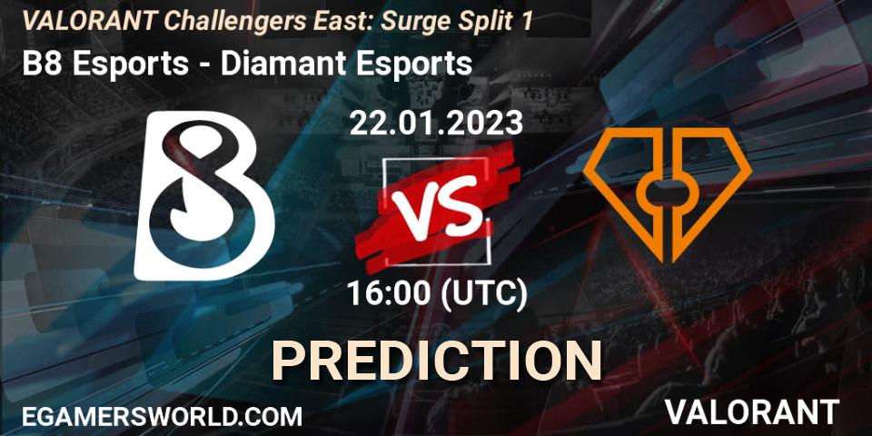 B8 Esports vs Diamant Esports: Match Prediction. 22.01.2023 at 16:00, VALORANT, VALORANT Challengers 2023 East: Surge Split 1