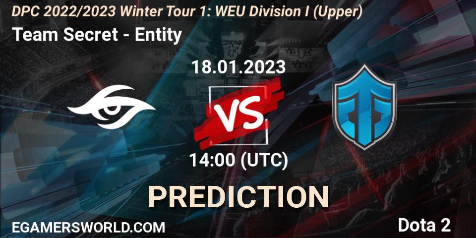 Team Secret vs Entity: Match Prediction. 18.01.2023 at 13:54, Dota 2, DPC 2022/2023 Winter Tour 1: WEU Division I (Upper)