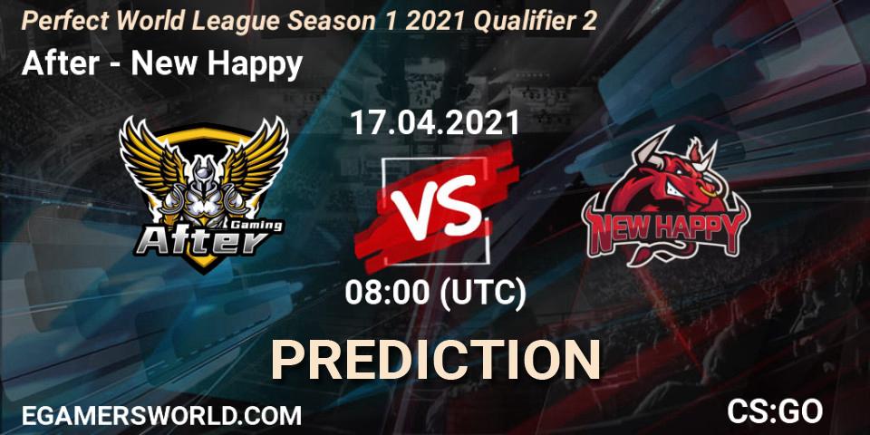 After vs New Happy: Match Prediction. 17.04.2021 at 08:00, Counter-Strike (CS2), Perfect World League Season 1 2021 Qualifier 2