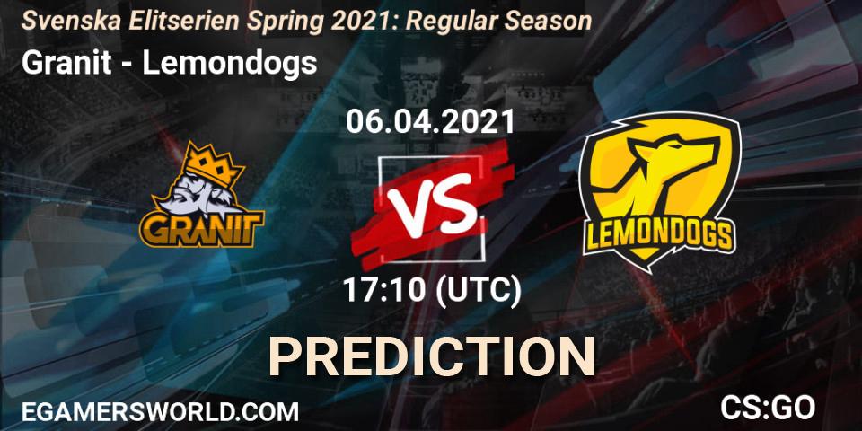Granit vs Lemondogs: Match Prediction. 06.04.2021 at 17:10, Counter-Strike (CS2), Svenska Elitserien Spring 2021: Regular Season