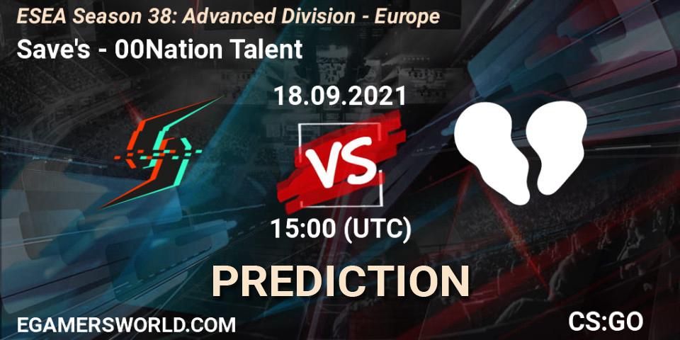 Save's vs 00Nation Talent: Match Prediction. 18.09.2021 at 15:00, Counter-Strike (CS2), ESEA Season 38: Advanced Division - Europe