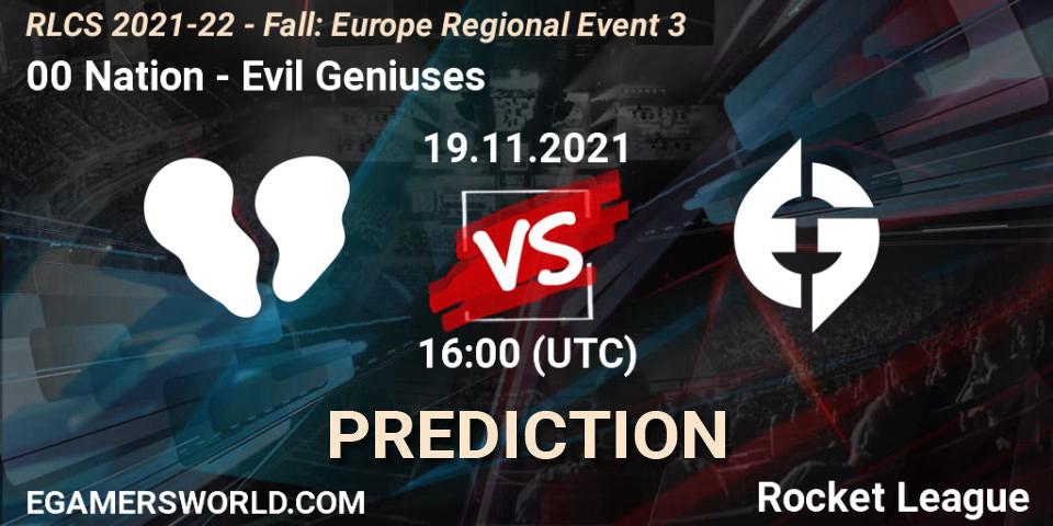 00 Nation vs Evil Geniuses: Match Prediction. 19.11.2021 at 16:00, Rocket League, RLCS 2021-22 - Fall: Europe Regional Event 3