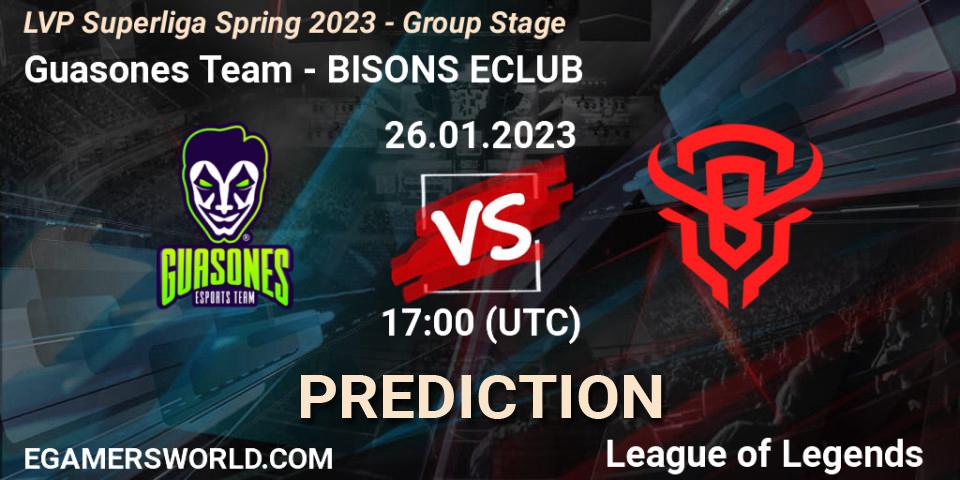 Guasones Team vs BISONS ECLUB: Match Prediction. 26.01.2023 at 17:00, LoL, LVP Superliga Spring 2023 - Group Stage