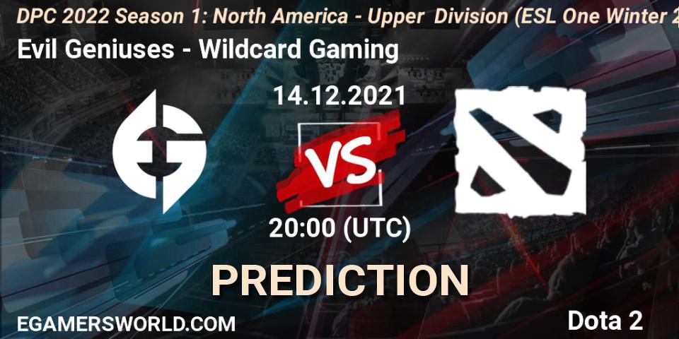 Evil Geniuses vs Wildcard Gaming: Match Prediction. 14.12.2021 at 19:58, Dota 2, DPC 2022 Season 1: North America - Upper Division (ESL One Winter 2021)