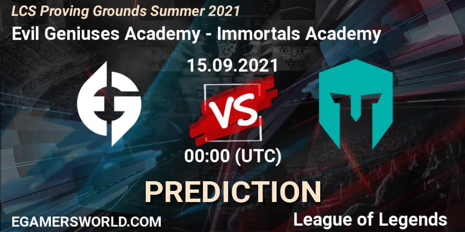 Evil Geniuses Academy vs Immortals Academy: Match Prediction. 15.09.2021 at 00:30, LoL, LCS Proving Grounds Summer 2021