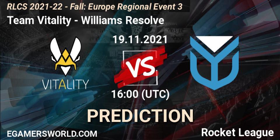 Team Vitality vs Williams Resolve: Match Prediction. 19.11.2021 at 16:00, Rocket League, RLCS 2021-22 - Fall: Europe Regional Event 3
