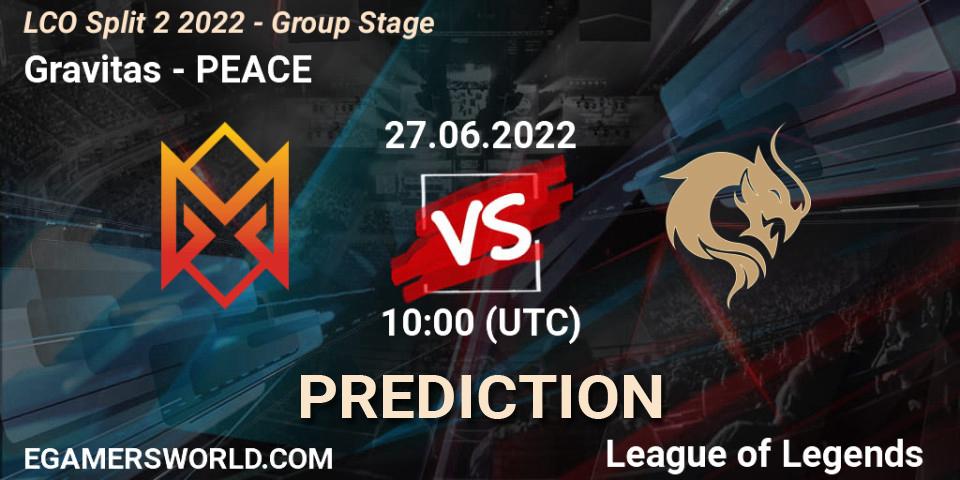 Gravitas vs PEACE: Match Prediction. 27.06.2022 at 10:00, LoL, LCO Split 2 2022 - Group Stage