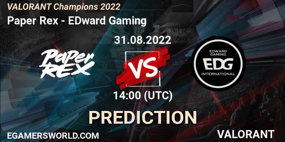 Paper Rex vs EDward Gaming: Match Prediction. 31.08.2022 at 14:20, VALORANT, VALORANT Champions 2022