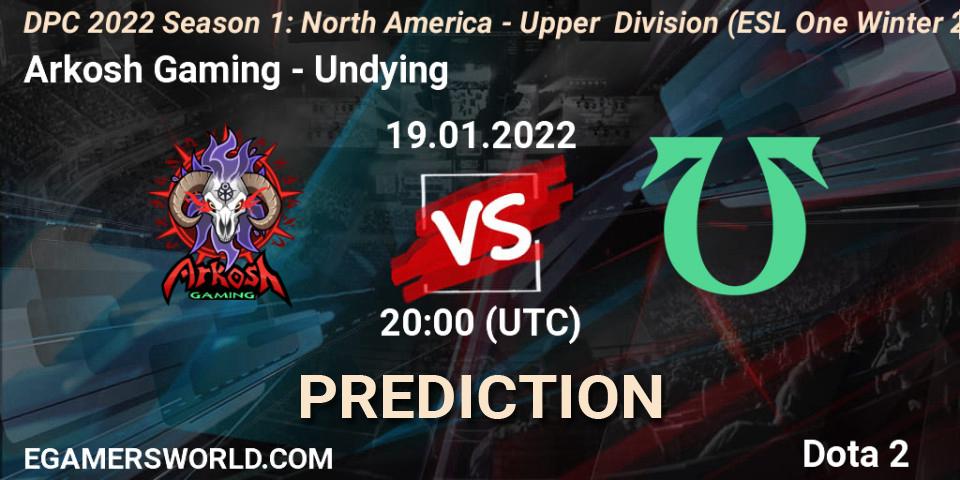 Arkosh Gaming vs Undying: Match Prediction. 19.01.2022 at 20:20, Dota 2, DPC 2022 Season 1: North America - Upper Division (ESL One Winter 2021)